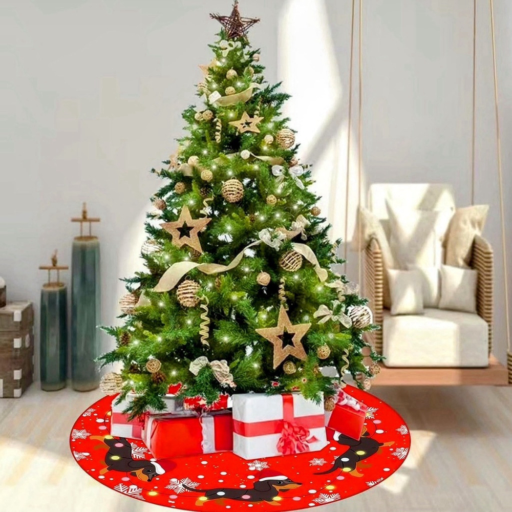 Dachshund Doxie Christmas Tree Skirt Dog Santa Hat Funny Tree Mat Red 48 inch - Picture 5 of 10